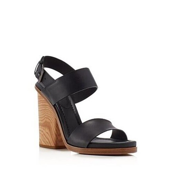 Vince Haley Sandal Black Leather Open Toe Two Strap Ankle Buckle Wood He… - Picture 1 of 11